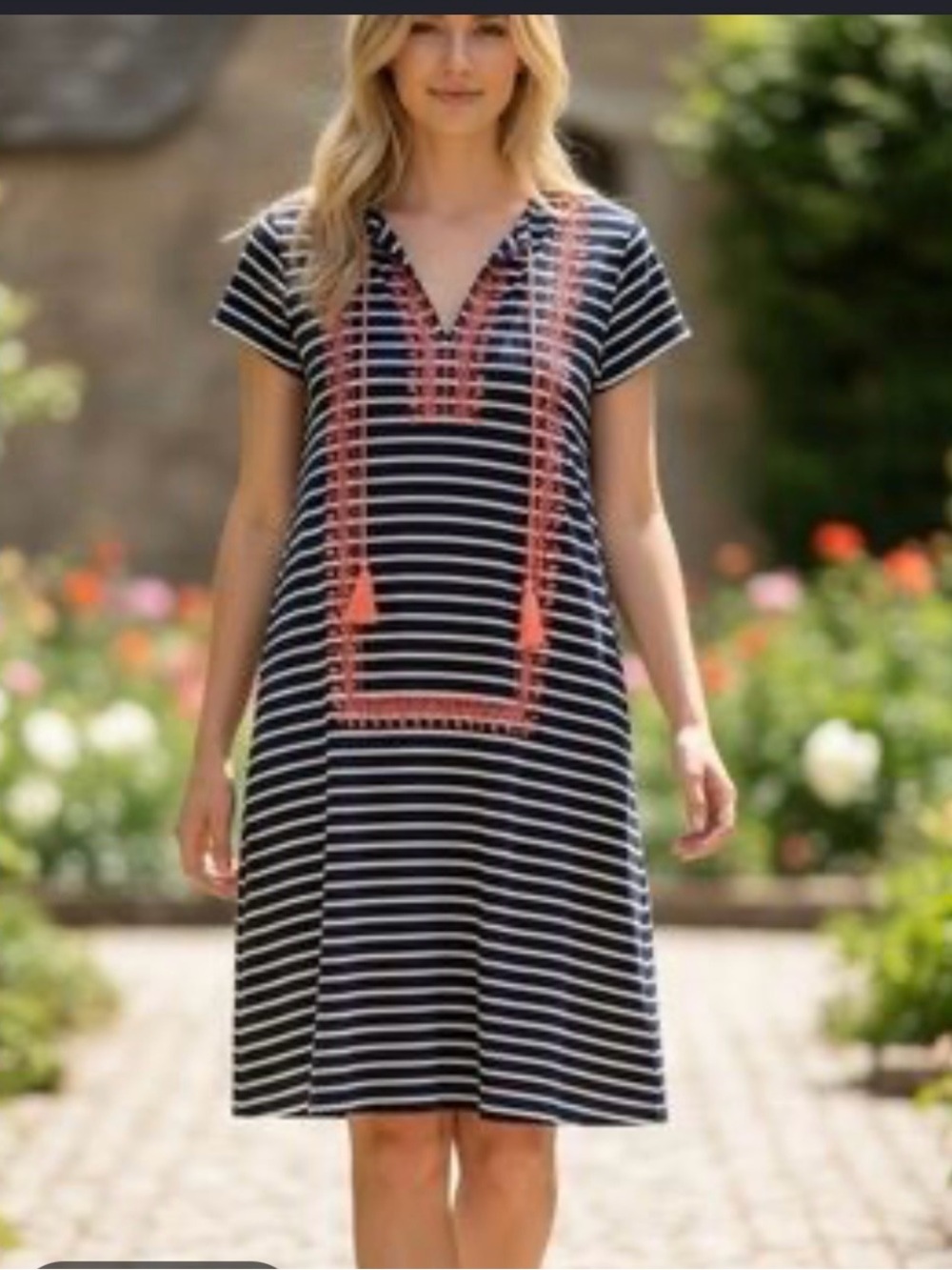 THML Navy and White Striped Midi Dress with Coral Embroidery